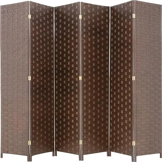 Room Divider Wood Screen 6 Panel Folding Portable Partition Screen Wood Mesh Woven Design Room Screen Divider Screen Wood for Home Office (Black)