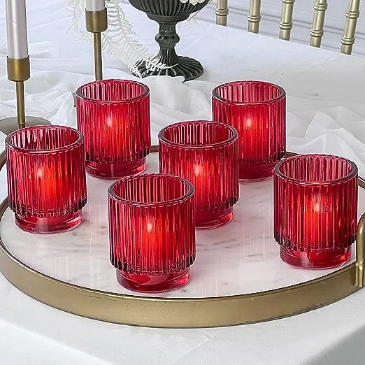 Kate Aspen Ribbed Red-Colored Glass Votive Candle Holders (Set of 6)