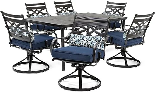 Hanover Montclair 7-Piece Patio Dining Set with 6 Swivel Rockers, Ocean Blue Cushions and Stamped Steel Rectangular Dining Table, Outdoor Dining Set for 6, Premium All-Weather Patio Furniture for Deck