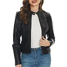 Fahsyee- Chaqueta de piel sintética (poliuretano) para mujer, con cremallera, corta, estilo motociclista y de corte entallado, Negro -Fahsyee- Chaqueta de piel sintética (poliuretano) para mujer, con cremallera, corta, estilo motociclista y de corte enta