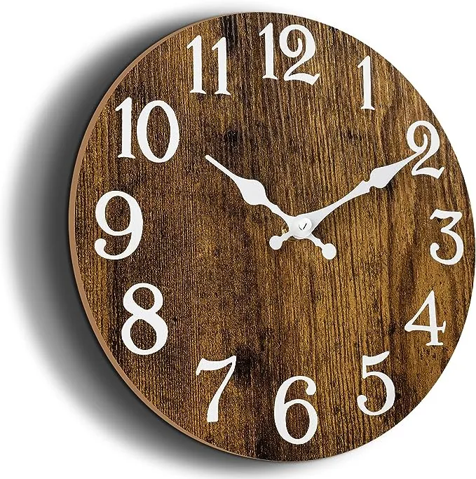 KECYET Battery Operated Kitchen 10 Inch Wood Silent Non Ticking Wall Clock,Vintage Analog Clock for Bedroom, Bathroom, Living Room, Home Office(Brown)