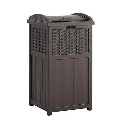 Suncast 33 Gallon Hideaway Can Resin Outdoor Trash with Lid Use in Backyard, Deck, or Patio, 33-Gallon, Brown