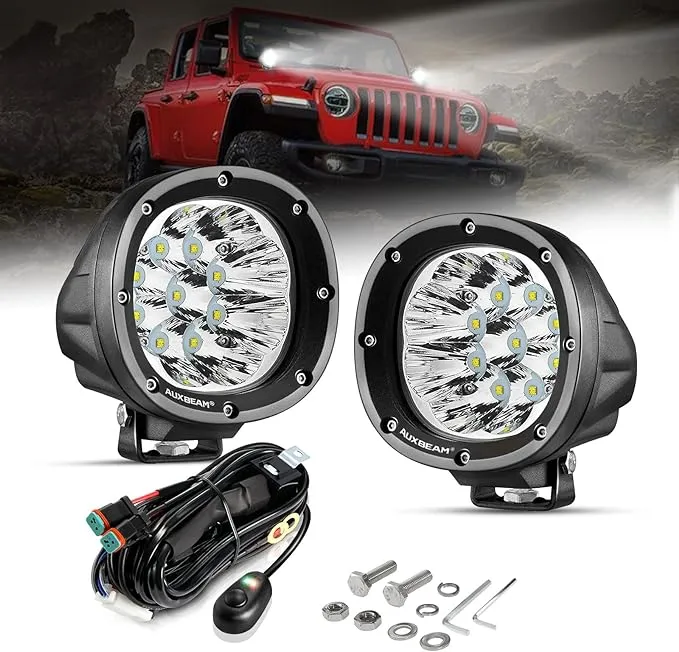 Auxbeam Lot de 2 feux ronds à DEL tout-terrain de 10,2 cm, 110 W, feux de conduite auxiliaires avec design ambré, barre lumineuse LED, faisceau de câblage pour camion, camionnette, VUS, ATV, UTV