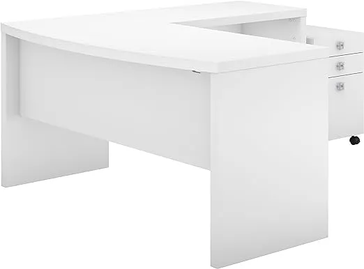 Office by Kathy Ireland Echo L Shaped Bow Front Desk with Mobile File Cabinet | Pure White