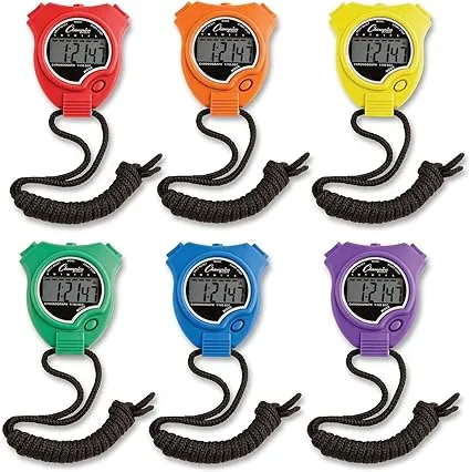 Champion Sports 910SET Water-Resistant Stopwatches, 1/100 Second, Assorted Colors, 6/Set