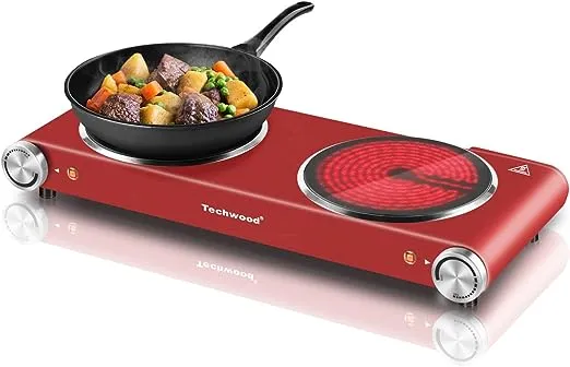 Hot Plate, Techwood 1800W Dual Electric Stoves, Countertop Stove Double Burner for Cooking, Infrared Ceramic Hot Plates Double Cooktop, Red, Brushed Stainless Steel Easy To Clean Upgraded Version, Red