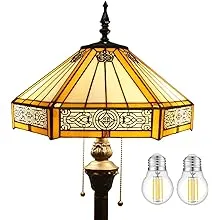 WERFACTORY Tiffany Floor Lamp Yellow Hexagon Stained Glass Mission Standing Reading Light 16X16X64 Inches Antique Pole Corner Lamp Decor Bedroom Living Room Home Office S011 Series