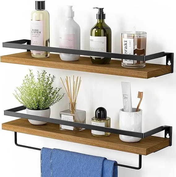 Amada HOMEFURNISHING Floating Shelves Wall Mounted, Wall Shelves for Bathroom, Kitchen, Bedroom, Storage Shelf with Towel Bar, Set of 2, Rustic