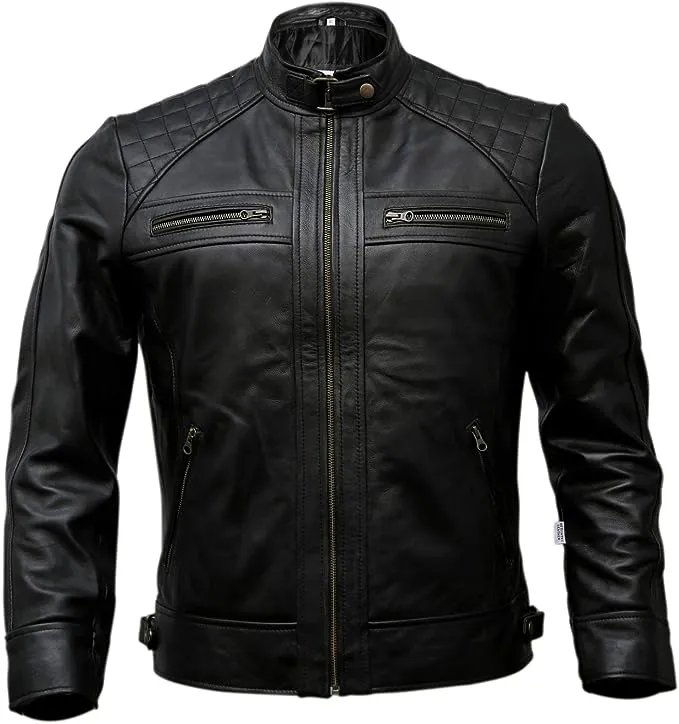 Mens Genuine Leather Biker Jacket Black | Vintage Brown Distressed Lambskin Motorcycle Jackets for Men (Black, Large)