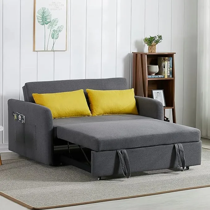 Polibi 55.5'' Convertible Sleeper Sofa Bed w/ 2 Big Side Pockets and USB Socket, Pull-Out Bed Fabric Loveseat Sofa Couch with 2 Pillows and Adjustable Backrest for Living Room (Grey)