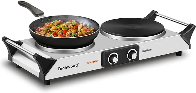 Hot Plate, Techwood Doubel Burners for Cooking, 1800W Countertop Electric Stoves with Adjustable Temperature & Stay Cool Handles, Dual Cooktop for