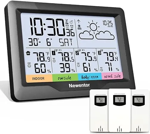 Newentor Weather Station Wireless Indoor Outdoor Multiple Sensors, Thermometer with Atomic Weather Clock, Temperature and Humidity Monitor, Barometer with Weather Forecast for Home (Battery Powered)