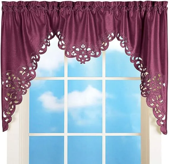 Elegant Scalloped Design Cut-Out and Embroidered Scroll Window Valance with Rod