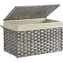 SONGMICS Storage Basket with Lid, 17.2 Gallon (65L) Storage Bin, Woven Blanket Storage Basket with Handles, Foldable, Removable Liner, Metal Frame, for Bedroom, Laundry Room, Gray URST56WG