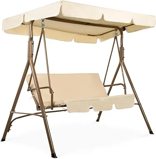 Best Choice Products 2-Person Outdoor Large Convertible Canopy Swing Glider Lounge Chair w/ Removable Cushions- Beige