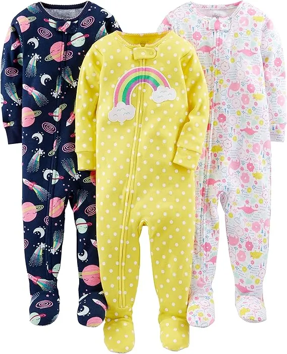 Simple Joys by Carter's Toddlers and Baby Girls' Snug-Fit Footed Cotton Pajamas, Pack of 3