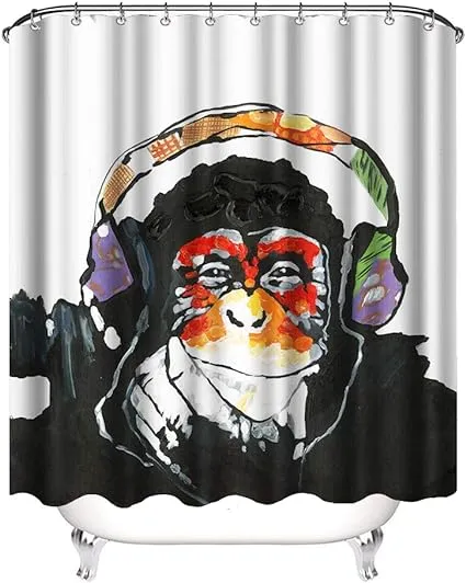 Monkey Shower Curtains Funny Animal Chimpanzee Portrait with Colorful Headset...