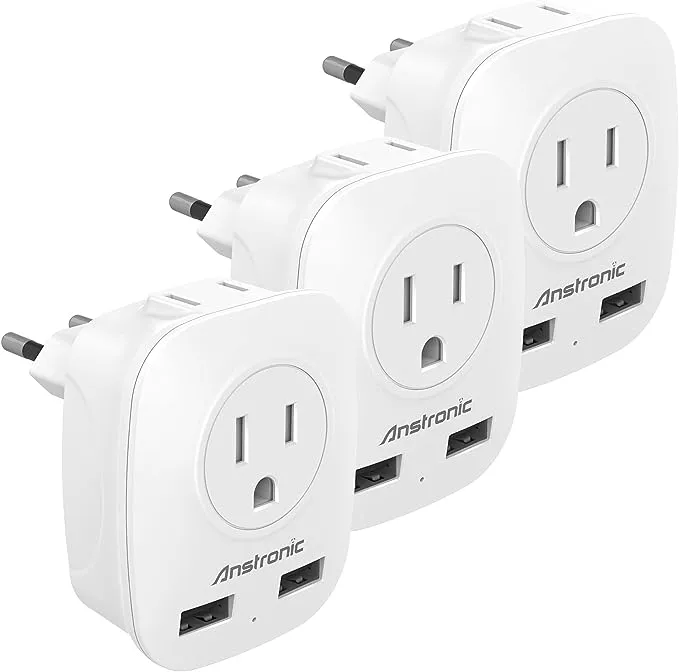 TESSAN European Power Adaptor 2 USB European Travel Plug Adapter 3 Pack