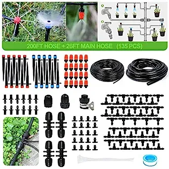 MIXC 226FT Greenhouse Micro Drip Irrigation Kit Automatic Irrigation System Patio Misting Plant Watering System with 1/4 inch 1/2 inch Irrigation Tubing Hose Adjustable Nozzle Emitters Barbed Fittings