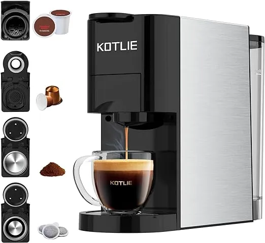 KOTLIE Einzelportion-Kaffeemaschine, 4-in-1-Espressomaschine für Nespresso Original/K-Tassen/L'OR/gemahlenen Kaffee/illy Coffee ESE, 19 Bar Espressokocher, 1450 W Schnellheiz-Kaffeemaschine (Kaffee)