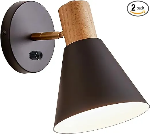 ClanKin Wall Sconces Lighting Set of 2 for Bedroom, Black Dimmable Wood Style Wall Sconce Reading Lamp, Adjustable Wall Light for Bedroom Hallway