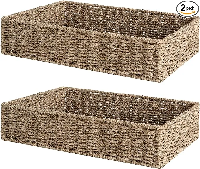 StorageWorks Large Storage Baskets, Seagrass Baskets for Shelves, Handwoven Wicker Baskets for Organizing, Toilet Paper Basket, Natural, 2 Pack