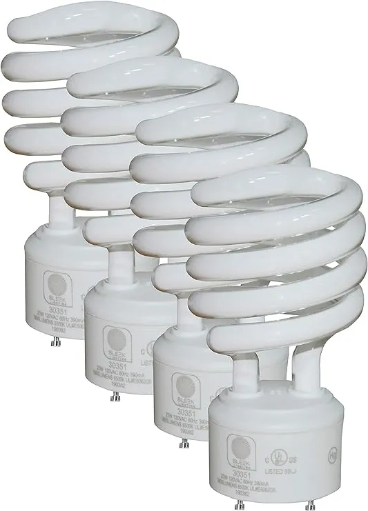 Sleeklighting GU24 23Watt UL Listed Light Bulb Two Prong Twist 2 Pin -T2 Spiral CFL 5000K 1600Lm - Day Light - 4Pack