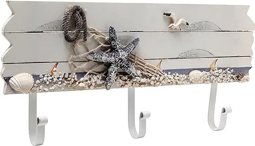 Oceanic Coastal White Sandy Beach Style Wood 3 Metal Coat Hooks Wall Rack