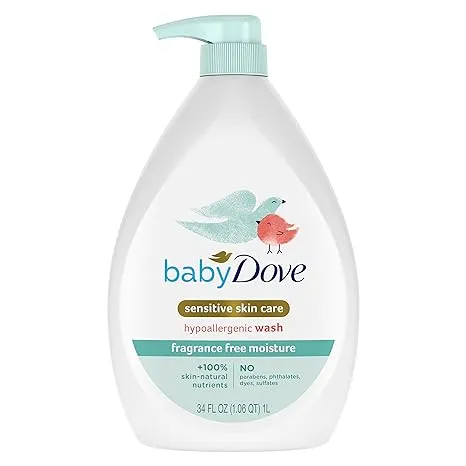 Baby Dove Sensitive Skincare Liquid Body Wash Fragrance Free Moisture, Hypoallergenic, 34 oz