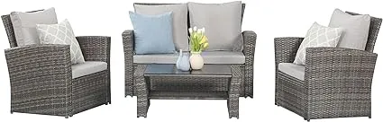 Wisteria Lane 4 Piece Outdoor Patio Furniture Sets, Wicker Conversation Set for Porch Deck, Gray Rattan Sofa Chair with CushionWisteria Lane 4 Piece Outdoor Patio Furniture Sets, Wicker…