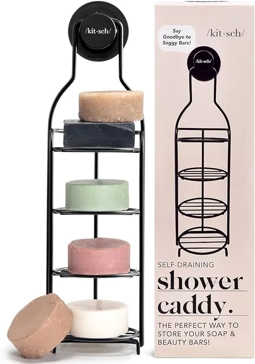 Kitsch Stainless Steel Shower Caddy with Suction Cup - Rust Proof Bar Soap Holder for Shower | Wall Mounted Shower Organizer with Strong Suction & Soap Bar Holder | Free Standing Black Shower CaddyKitsch Stainless Steel Shower Caddy with Suction Cup - Ru