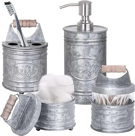 Autumn Alley Galvanized Rustic Farmhouse Bathroom Accessories Set – 4-PC Farmhouse Bathroom Set - Soap Dispenser - Rustic Toothbrush Holder - Cotton Canisters