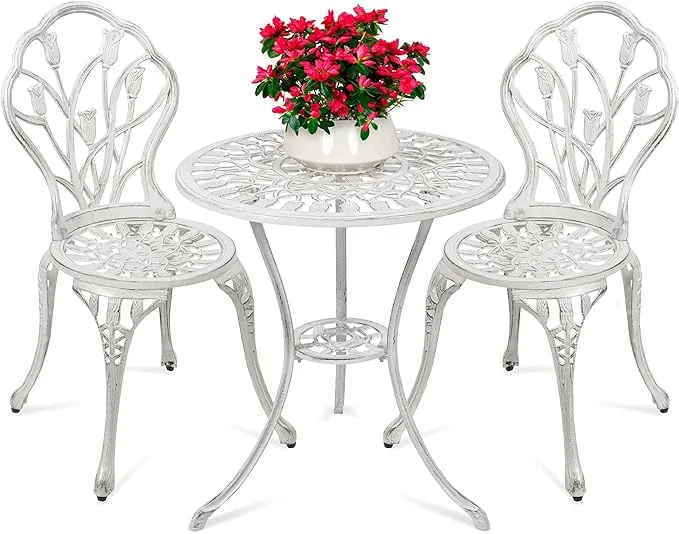 Best Choice Products 3-Piece Cast Aluminum Patio Bistro Furniture Set w/ Antique Finish - White