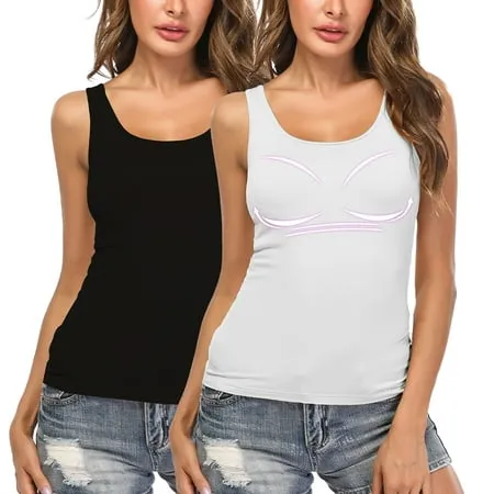 CARCOS 2 Packs Womens Tank Tops with Built in Shelf Bra Plus Size Basic Stretchy Padded Camisole Casual Layering Tanks Undershirt Black-White XL