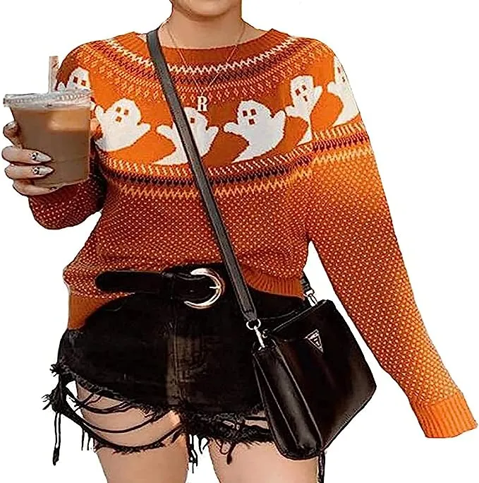 YEMOCILE Women's Cute Ghost Pattern Knitted Sweater