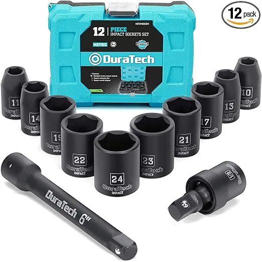 DURATECH 12PCS 1/2&#039;&#039;Drive Impact Socket Set Metric Sockets Adapter Extension Bar