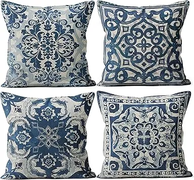 Blue Throw Pillow Covers - Linen Blue Pillow Covers 18x18 Blue and White Set 4