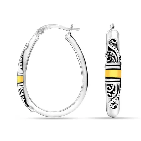 LeCalla 925 Sterling Silver Bali-Style Hoop Earrings Lightweight Click-Top Antique Two-Tone Beaded Italian Bali Style Earring Hoops for Women