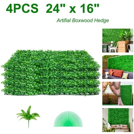 VEVORbrand 24X16 Artificial Boxwood Panel UV 4PCS Boxwood Hedge Wall Panels Artificial Grass Backdrop Wall 4 CM Green Grass Wall Fake Hedge for Decor Privacy Fence Indoor Outdoor Garden Backyard