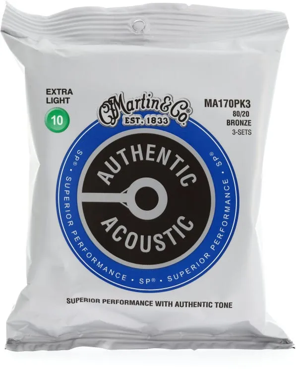 Martin Authentic Superior Performance Acoustic Guitar Strings - 80/20 Bronze Extra-light (3-pack)