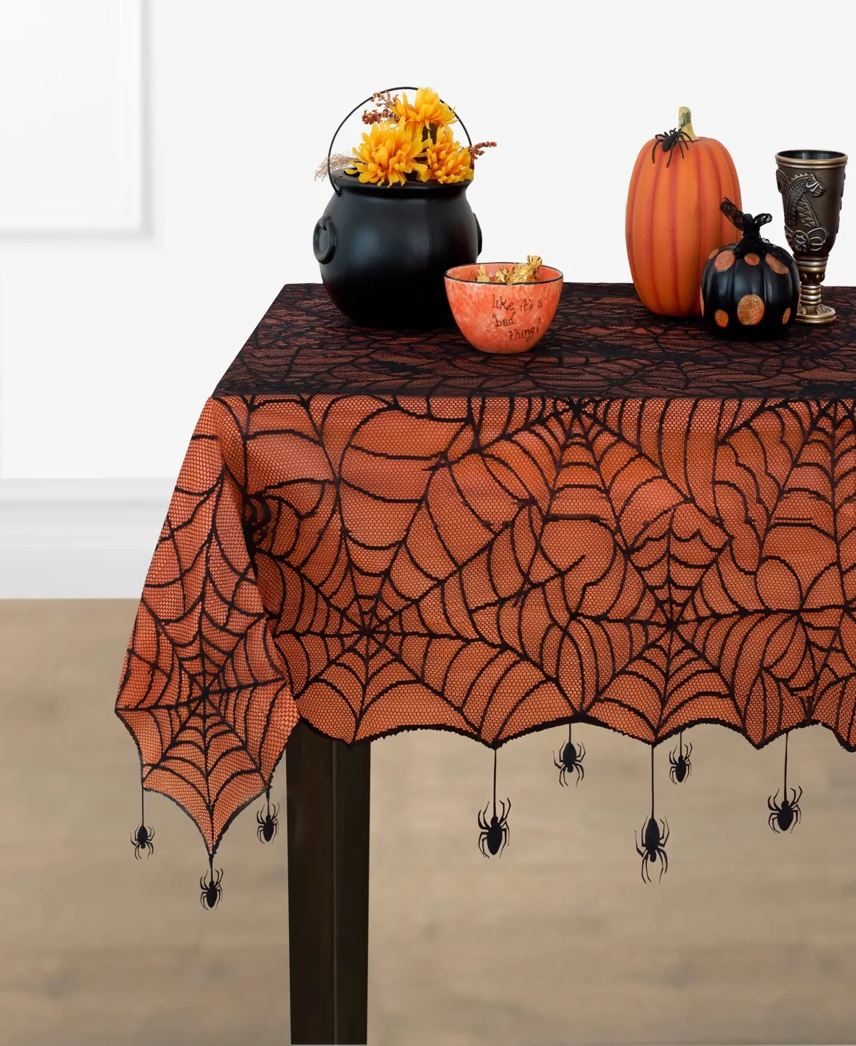 Elrene Home Fashions Crawling Spider Halloween Lace-Lined Tablecloth, 70" x 70", Round, Orange and Black