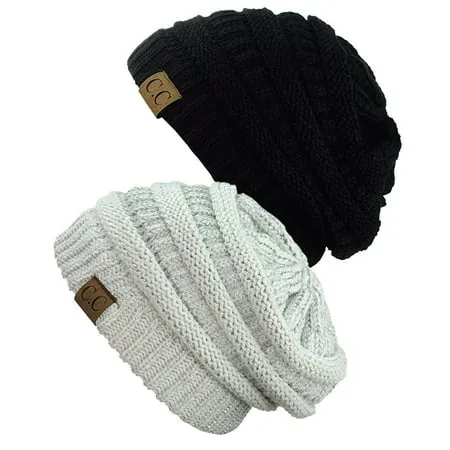 Womens Knit Beanie Cap Hat (2 PACK) Black/Silver White