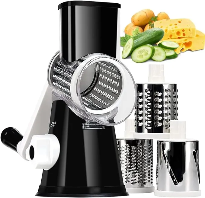 KEOUKE Rotary Cheese Grater with Handle Vegetable Cheese Shredder Slicer Grater for Kitchen 3 Changeable Blades for Cheese Potato Zucchini Nuts Chocolate - White