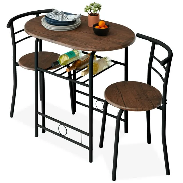 Best Choice Products 3-Piece Wood Dining Room Round Table & Chairs Set w/ Steel Frame, Built-in Wine Rack - Black/Brown