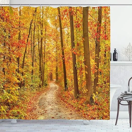 Ambesonne Fall Shower Curtain, Deciduous Trees Seasonal Leaves Pathway Wilderness ...