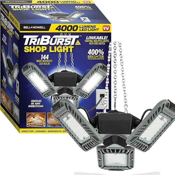 Triburst LED Shop Lights for Workshop, 4000 Lumens Super Bright Garage Lighting, LED Garage Lights, LED Shop Light, Ceiling Light with 3 Light Panels, Linkable, Plugs into Outlet, Easy to Install