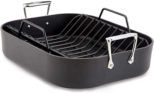 All-Clad HA1 Hard Anodized Nonstick Roaster and Nonstick Rack 13x16 Inch Oven Broiler Safe 500F Roaster Pan, Pots and Pans, Cookware Black