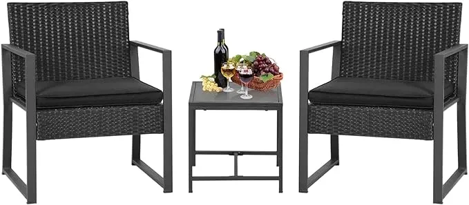 FDW Wicker Patio Chairs Rattan Bistro Set Outdoor Furniture for Backyard Porch Poolside Lawn, Cushion, Black and Black