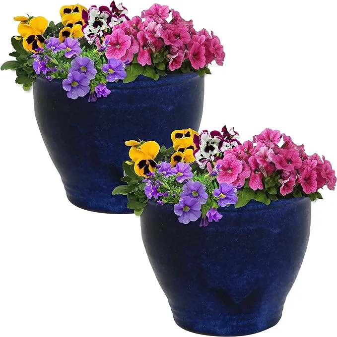 Sunnydaze Studio Outdoor/Indoor High-Fired Glazed UV- and Frost-Resistant Ceramic Planters with Drainage Holes - 9" Diameter - Imperial Blue - 2-Pack