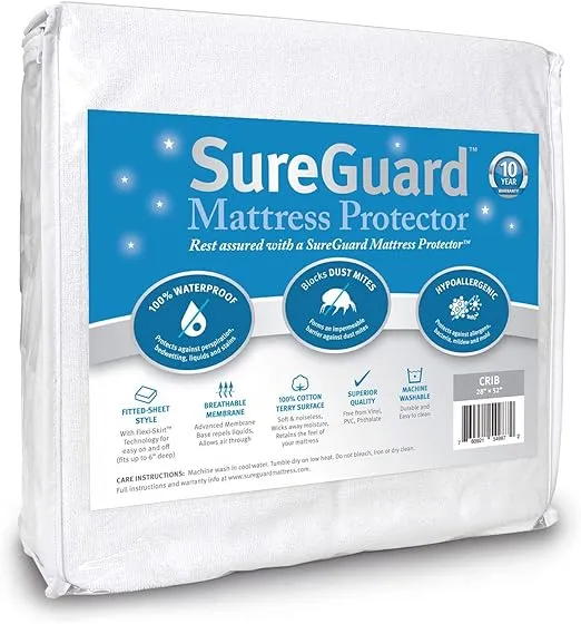 SureGuard Crib Size Mattress Protector - 100% Waterproof, Hypoallergenic - Premium Fitted Cotton Terry Cover White